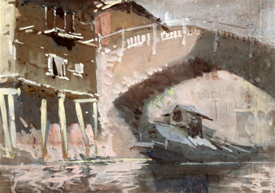 Narayan Shridhar Bendre (1910-1992) Junk passing beneath a bridge 9 x 13in.